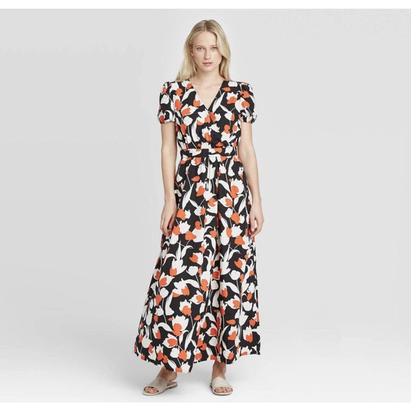 Who What Wear Puff Short Sleeve Maxi Dress Floral Orange Black White Print - XS - Picture 1 of 15